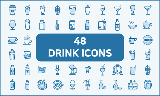 Contains such Icons as coffee, ice coffee, wine, beer, juice, milk, oak barrel, caffe mocha, tea, water, soda and more.