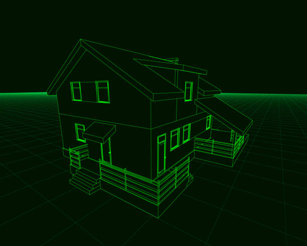istock Wireframe of the cottage of green lines on a dark background. 3D. Vector illustration 1134606336
