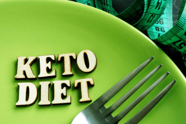 istock Keto diet on a green plate and measuring tape. 1134608657