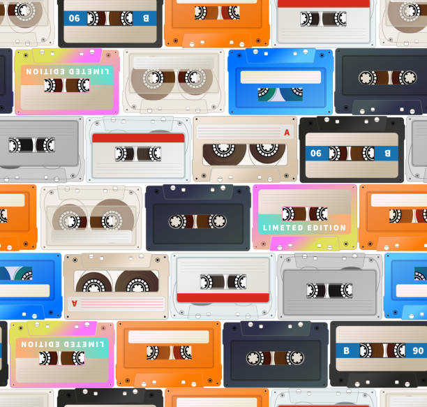 istock Many colorful detailed audio cassettes in a row, vintage tape retro seamless pattern 1134611509