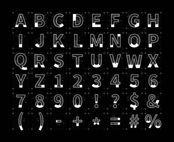 istock Architectural sketches of latin letters. White blueprint style font on black 1134614871