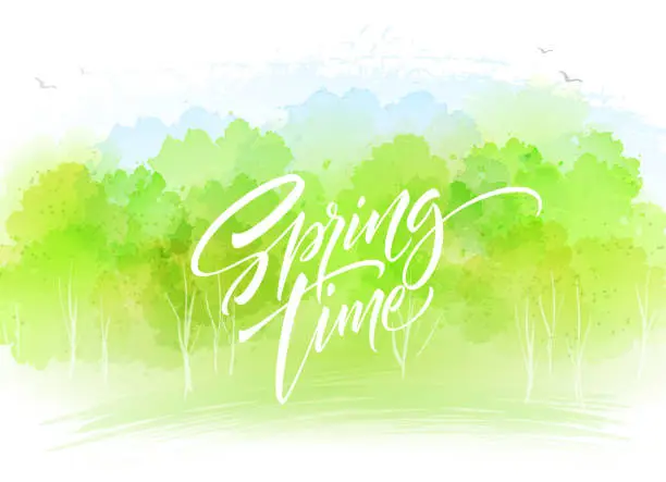 Vector illustration of Watercolor landscape background with Spring time lettering. Vector illustration