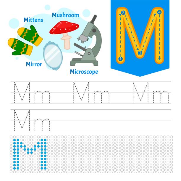 ilustrações, clipart, desenhos animados e ícones de folha da prática da escrita. - letter m alphabet text sign