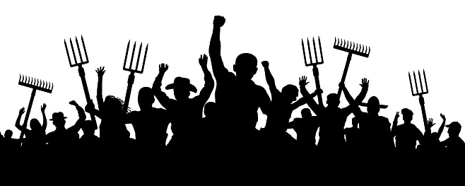 Crowd of people with a pitchfork shovel rake. Angry peasants protest demonstration. Riot workers vector silhouette