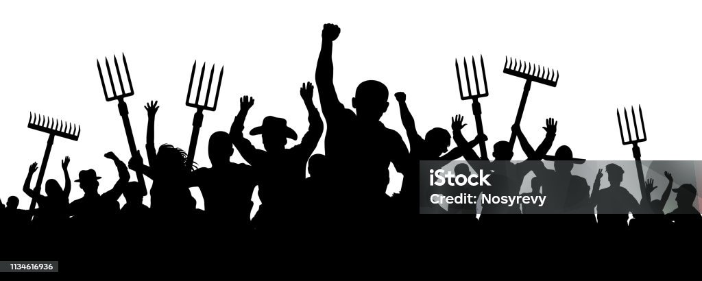 Crowd of people with a pitchfork shovel rake. Angry peasants protest demonstration. Riot workers vector silhouette Anger stock vector