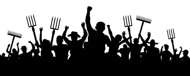 Crowd of people with a pitchfork shovel rake. Angry peasants protest demonstration. Riot workers vector silhouette Crowd of people with a pitchfork shovel rake. Angry peasants protest demonstration. Riot workers vector silhouette anger stock illustrations