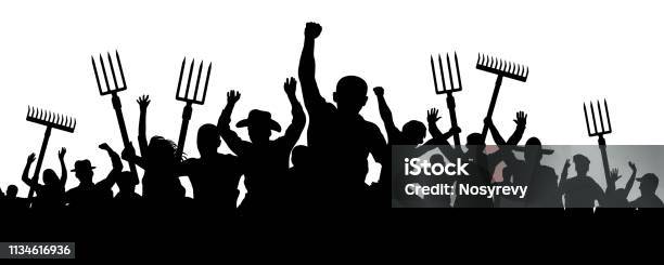 Crowd Of People With A Pitchfork Shovel Rake Angry Peasants Protest Demonstration Riot Workers Vector Silhouette Stock Illustration - Download Image Now