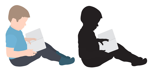 Child boy is reading book, colorful and silhouette, vector illustration
