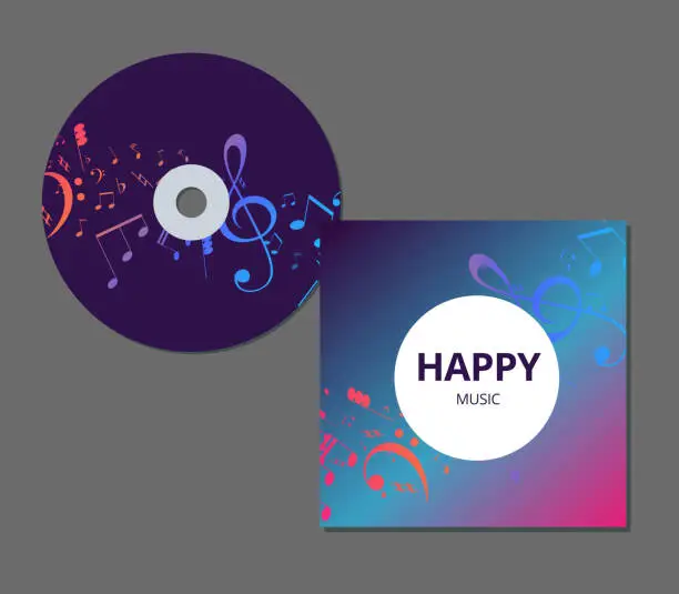Vector illustration of Blue and violet music background with clef and notes, music sheet in rounded frame, musical theme template for your design. CD cover template