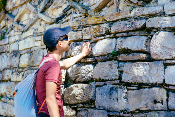 young tourist in the pre-inca walled city Kuelap / Chachapoyas / Peru/ south america stock photo