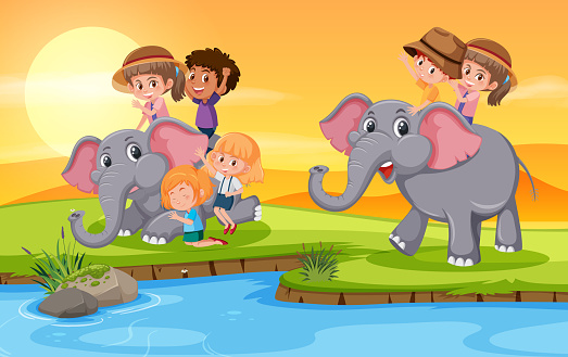 Children riding elephant in anture illustration