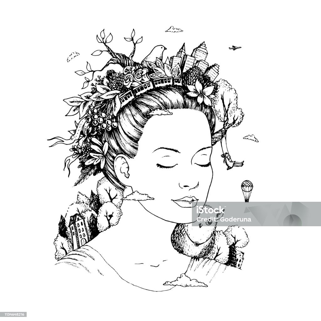 girl dreams. things in the girl's head hands drawn illustation, the girl dreams. things in the girl's head. black and white vector sketch Poet stock vector