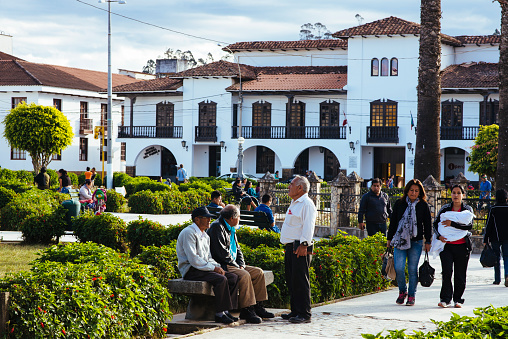 CHACHAPOYAS, amazonas, peru/ south america - July 13, 2017: In the afternoon the main square in Chachapoyas is a meeting point for locals and tourists