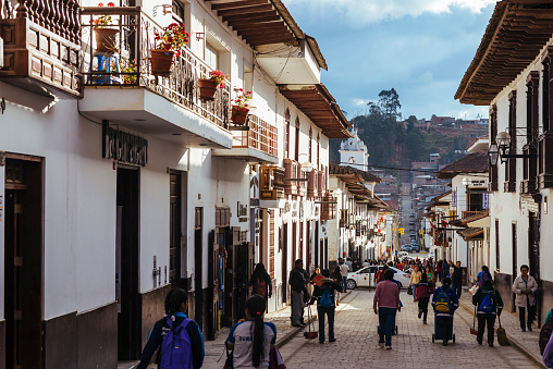 Chachapoyas, Amazonas, Peru - July 13, 2017: people are walking in the pedestrian zone in Chachapoyas