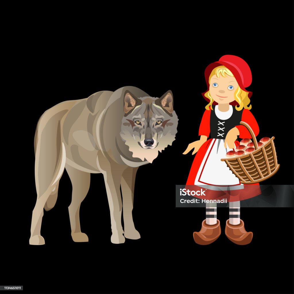 Red Riding Hood and Gray Wolf. Little Red Riding Hood and Gray Wolf. Vector illustration isolated on dark background Baby - Human Age stock vector