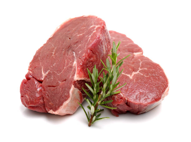 bistecche crude su sfondo bianco - raw meat steak beef foto e immagini stock