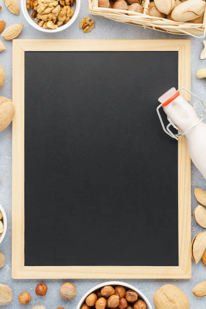 istock Nut milk and various nuts around chalkboard. Vegan milk. 1134655162