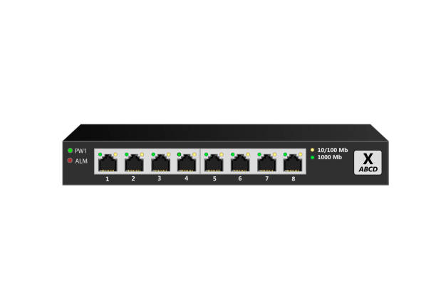 Uncontrollable Ethernet switch for home or office (SOHO) with 8 10/100 / 1000Base-T ports and LED indication. Uncontrollable Ethernet switch for home or office (SOHO) with 8 10/100 / 1000Base-T ports and LED indication. Vector illustration. network connection plug illustrations stock illustrations