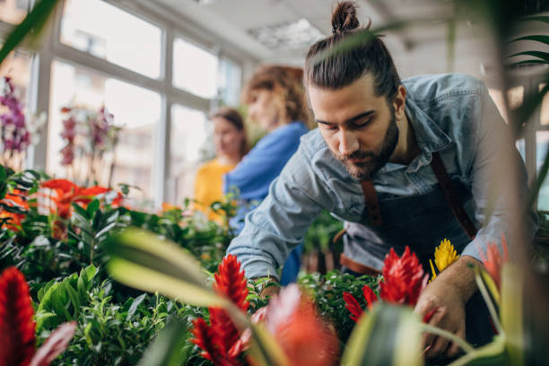 A florist clerk and a young guest Men and women at the flower shop florist stock pictures, royalty-free photos & images