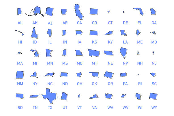 USA states vector illustration USA states vector illustration. All 50 states of America shapes coloured in lilac isolated on white background. arkansas kansas stock illustrations