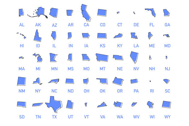 USA states vector illustration USA states vector illustration. All 50 states of America shapes coloured in lilac isolated on white background. alabama map stock illustrations