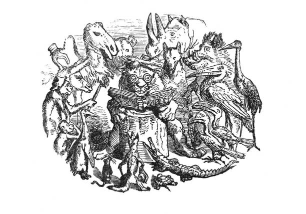 Aesop's Fables - Group of animals reading Aesop's Fables book - Illustration Aesop's Fables illustration - Cassell Petter and Galpin - 1868 sysmbolic stock illustrations