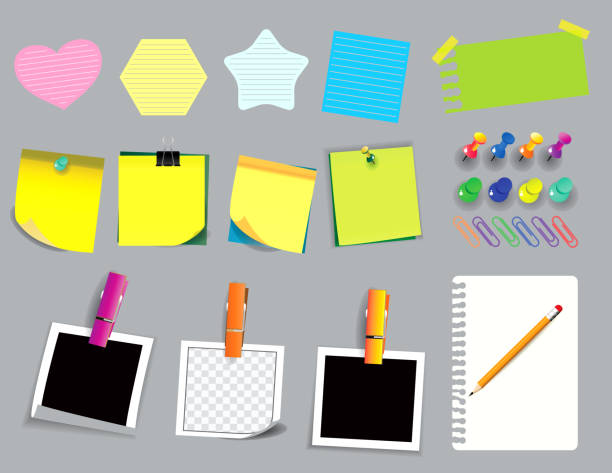 다채로운 스티커 메모 또는 찢어진 된 종이. 학교, 직장 또는 사무실에서 사용 - adhesive note letter thumbtack reminder stock illustrations
