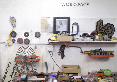An Artists Messy Workshop Stock Photo - Download Image Now - Art Studio