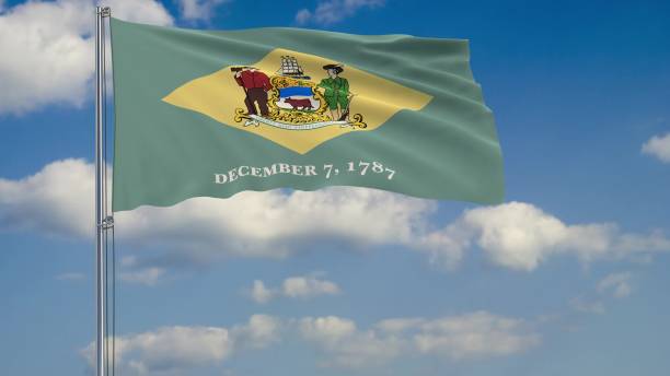istock Flag of Delaware - US state fluttering in the wind against a cloudy sky 3d rendering 1134676909