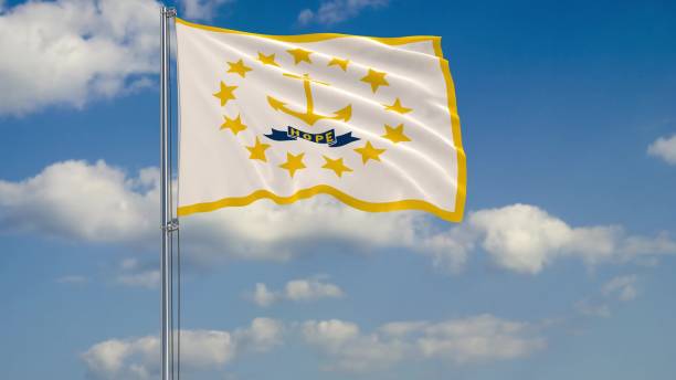 Flag of Rhode Island - US state fluttering in the wind against a cloudy sky 3d rendering