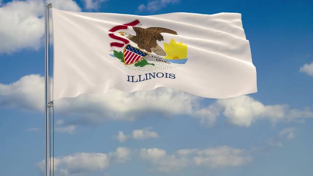 istock Flag of Illinois - US state fluttering in the wind against a cloudy sky 3d rendering 1134677003
