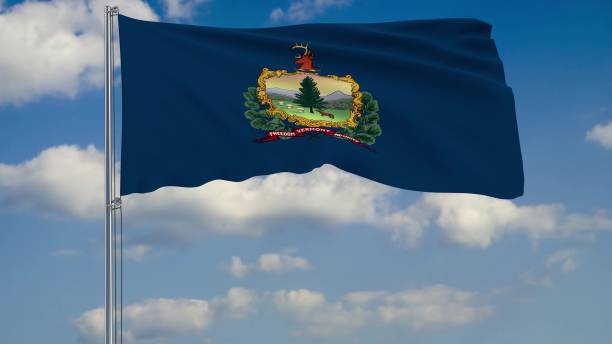 istock Flag of Vermont - US state fluttering in the wind against a cloudy sky 3d rendering 1134677020