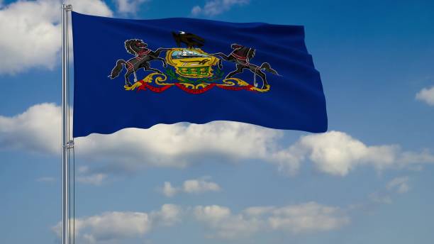 drapeau de la pennsylvanie-état américain flottant dans le vent contre un rendu 3d ciel nuageux - pennsylvania harrisburg government state photos et images de collection