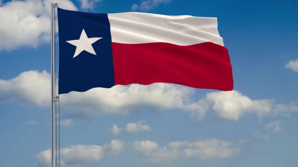 istock Flag of Texas - US state fluttering in the wind against a cloudy sky 3d rendering 1134677083