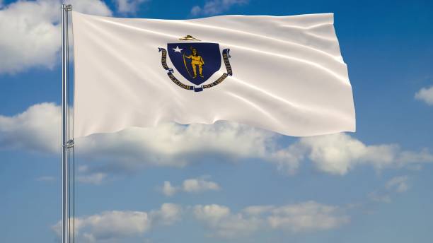 drapeau du massachusetts-état américain flottant dans le vent contre un rendu 3d ciel nuageux - massachusetts flag state insignia photos et images de collection