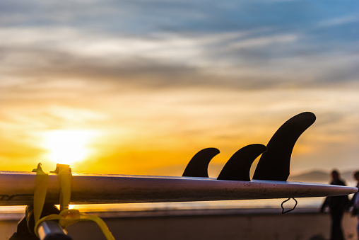Surfbord on a car rooftop by the sea at sunset