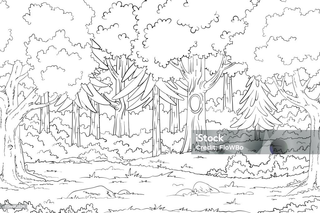 Coloring Book Landscape Coloring book landscape. Hand draw vector illustration with separate layers. Forest stock vector