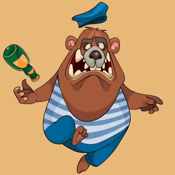Vector illustration of cartoon bear in the clothes of a paratrooper with a bottle on the fly