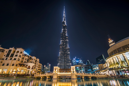 Dubai ,United Arab Emirates - January 06,2018: Burj Khalifa skyscraper in the night, Dubai. Burj Khalifa is the tallest skyscraper in the world standing at 829.8m in Dubai