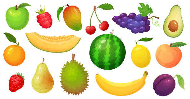 owoce kreskówek. owoce mango, plasterek melona i tropikalny banan. zestaw ilustracji z jagód malinowych, arbuzów i jabłek - plum stock illustrations