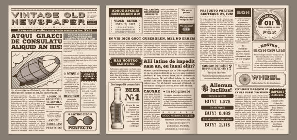 Vintage newspaper template. Retro newspapers page, old news headline and journal pages grid vector illustration layout Vintage newspaper template. Retro newspapers page, old news headline and journal pages grid. Antique newsprint poster, newspaper brochure template vector illustration layout old newspaper stock illustrations