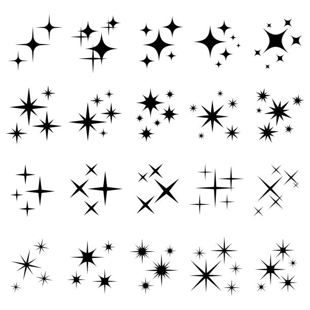 Shiny sparks silhouettes. Twinkle star particles, glitter sparkles and magic sparkle isolated silhouette vector icons set Shiny sparks silhouettes. Twinkle star particles, glitter sparkles and magic sparkle. Party sparks, festive sparkle burst or shine glitter starburst. Isolated silhouette vector icons set glittering illustrations stock illustrations