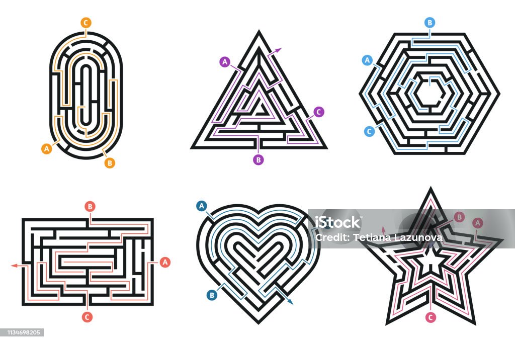 Labyrinth conundrum. Searching way, many ways directions maze and labyrinths child game isolated vector set Labyrinth conundrum. Searching way, many ways directions maze and labyrinths child game. Entrance path level conundrum, child thinking exit and entry exercise isolated vector icons set Maze stock vector