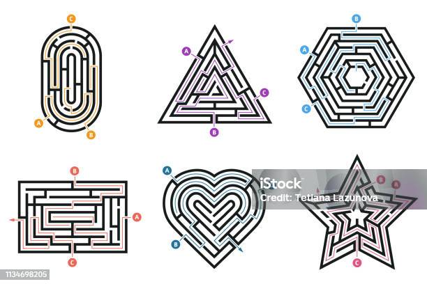 Labyrinth Conundrum Searching Way Many Ways Directions Maze And Labyrinths Child Game Isolated Vector Set Stock Illustration - Download Image Now