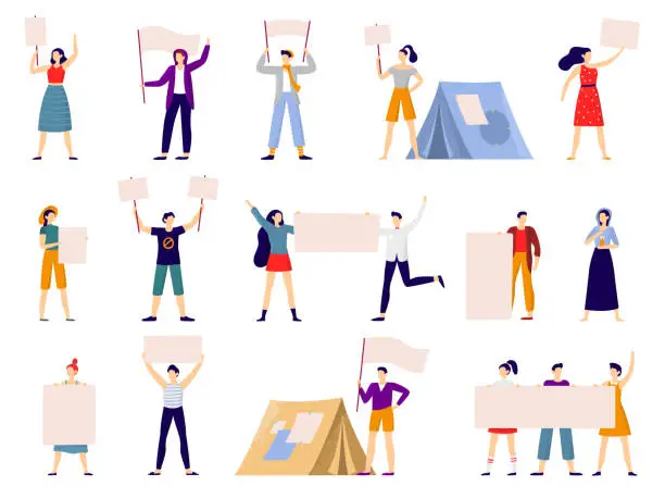 Vector illustration of Protesters people. Peaceful protest march, activist holding banner or placard and protesting activists flat vector illustration