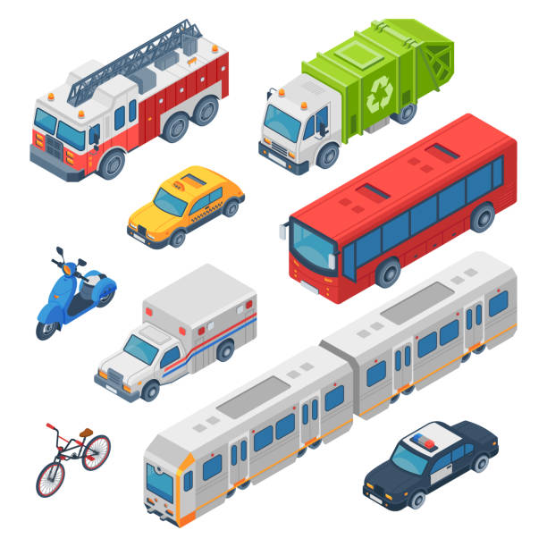 ilustraciones, imágenes clip art, dibujos animados e iconos de stock de transporte de la ciudad isométrica. ambulancia, coche de policía y motor de bomberos. tren subterráneo, taxi de la ciudad y autobús público. coches de tráfico 3d vector conjunto - isometric truck traffic semi truck