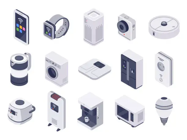 Vector illustration of Isometric internet of things devices. Smart watch, household appliances and wireless controlled microwave 3d vector illustration set