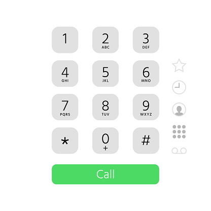 Dial keypad. Touchscreen phone number keyboard interface inspired by apple iphone ios dialer. Digital pad calling numbers, touchscreen keypad or smartphone screen flat vector illustration