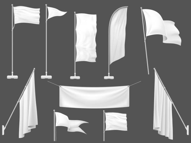 Mockup flag. White flags, blank canvas banner and fabric flag on flagpole 3d template vector illustration Mockup flag. White flags, blank canvas banner and fabric flag on flagpole. Advertisement realistic flag banners and poster. 3d template vector illustration isolated icons set flagpole stock illustrations