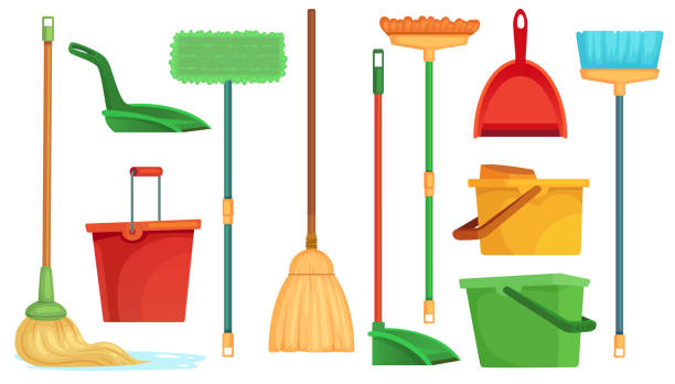 ilustrações, clipart, desenhos animados e ícones de vassoura e espanador do housework. vassouras da vassoura, mops da limpeza home e vassoura da limpeza com pá isolado ilustração do vetor dos desenhos animados ajustados - cerda de escova